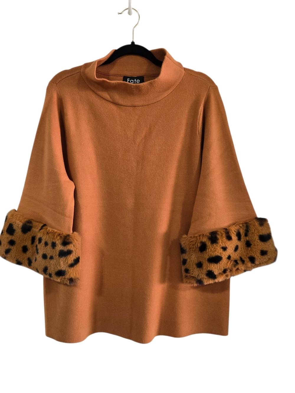 Fate Camel Mock Neck Sweater with Leopard Faux Fur Cuffs Soft 1X 2X New